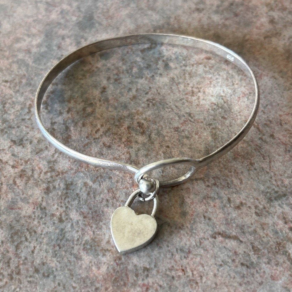 Sterling Silver Heart Charm Bangle Bracelet 925 Mexico Minimalist 7.4g